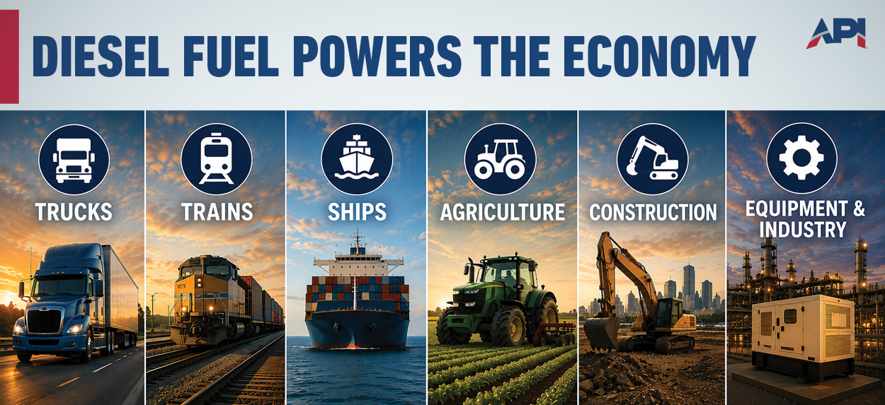 Infographic showing diesel fuel powering trucks, trains, ships, agriculture, construction, and industrial equipment.
