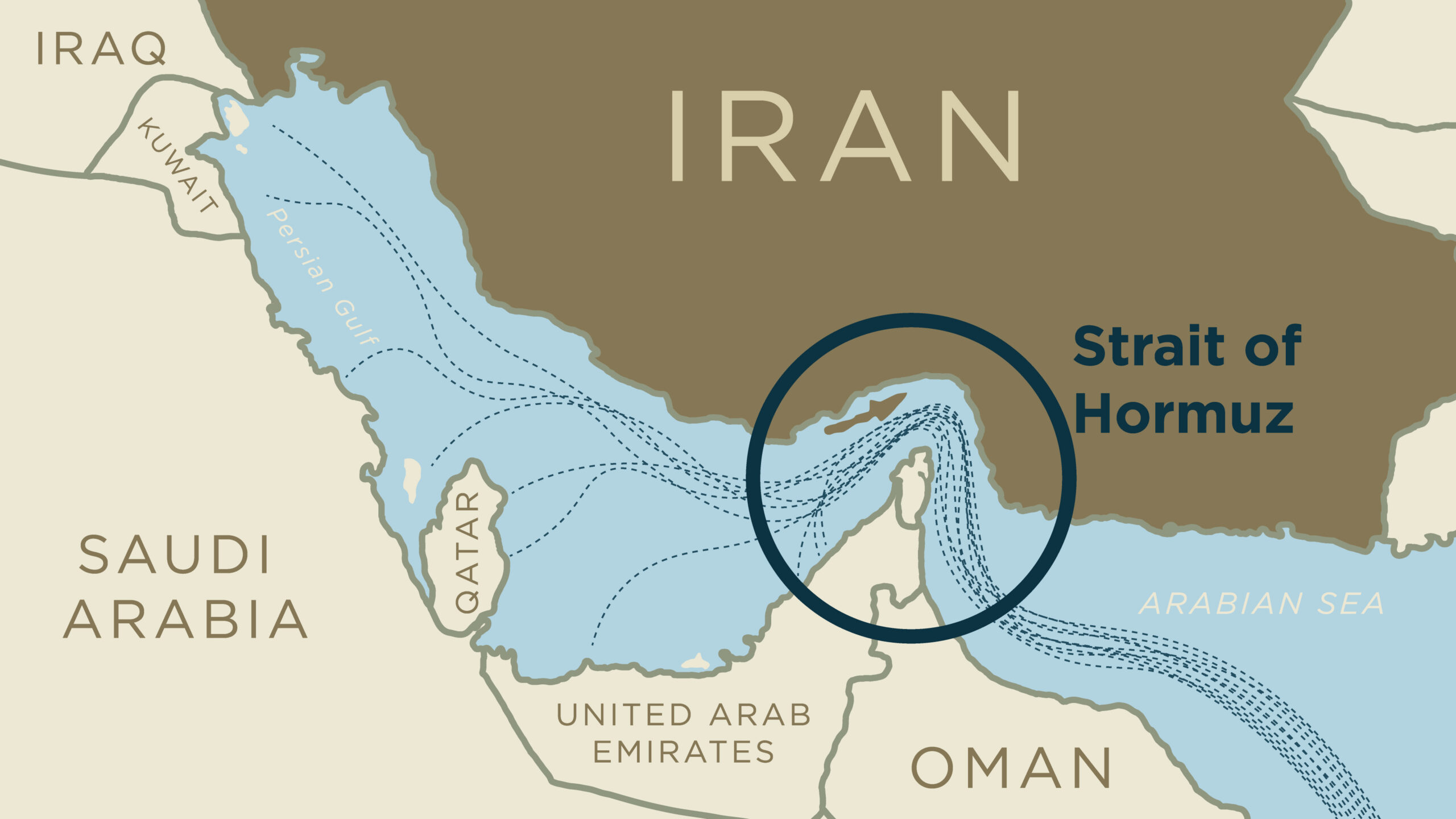 Map of the Persian Gulf and Arabian Sea highlighting the Strait of Hormuz between Iran and Oman, with shipping routes passing through the strategic oil transit corridor.